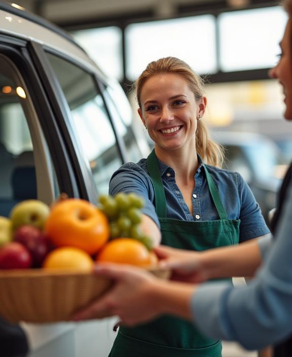 직원이 고객에게 신선한 과일 바구니를 건네는 모습, 배경에는 깨끗한 차가 보임