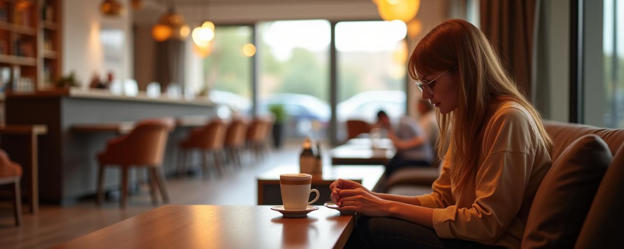 밝고 세련된 라운지에서 고객이 커피를 마시는 모습