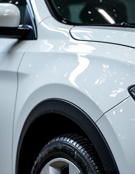 세차 후 눈부시게 깨끗해진 흰색 SUV 차량