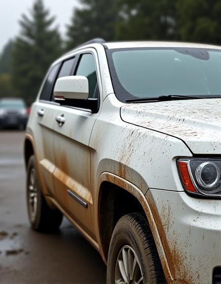 세차 전 흙먼지로 뒤덮인 흰색 SUV 차량