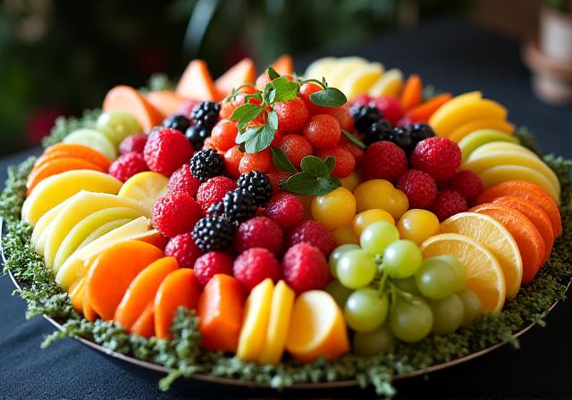 기업 행사를 위해 정교하게 만들어진 대형 과일 플래터