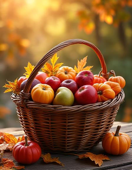 가을 제철 과일로 가득 찬 아름다운 바구니