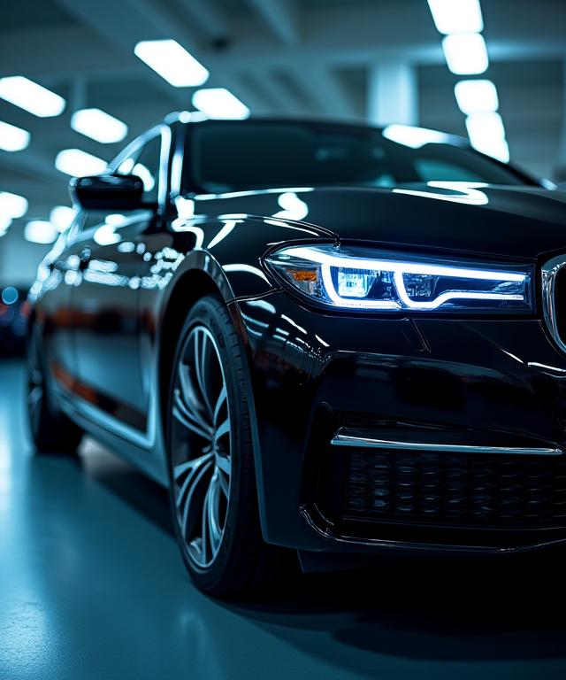 광택이 나는 프리미엄 세차된 검은색 세단