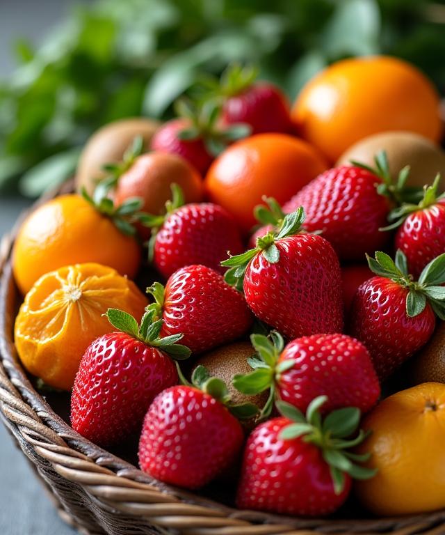 신선한 딸기, 오렌지, 키위가 담긴 다채로운 과일 바구니