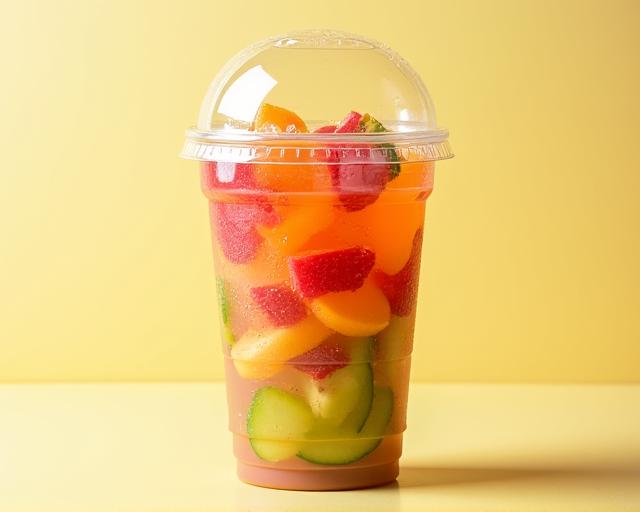 투명한 컵에 담긴 신선한 컷팅 과일 믹스