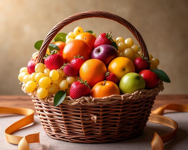 고급스럽게 포장된 다양한 과일이 담긴 선물 바구니