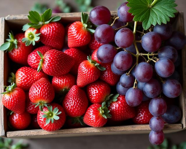 나무 상자에 담긴 신선한 제철 딸기와 포도
