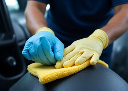 세차 전문가가 차량 내부를 디테일링하는 모습